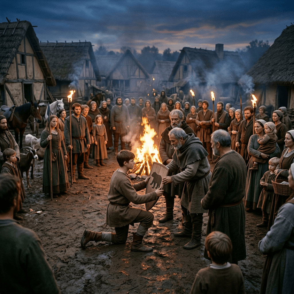 Medieval youth initiation ceremony with villagers
