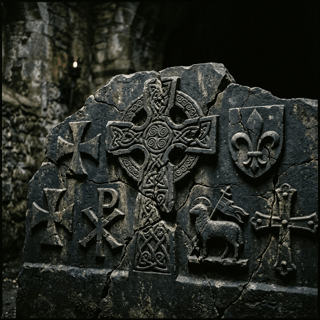Cracked medieval religious symbols on dark background
